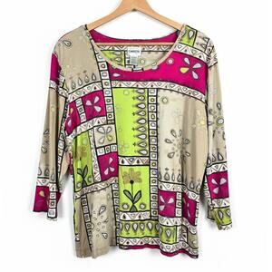Chico's Womens XL Art To Wear Eclectic‎ Boho Abstract Color Geometric Floral Top